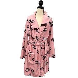 Y2K Juicy Couture Pink Crown Logo Plush Hooded Robe L XL Glam Coquette Sleepwear